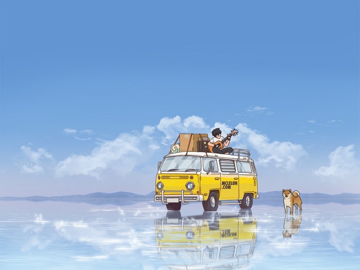 Anime van, dog, and person playing guitar on a salt flat