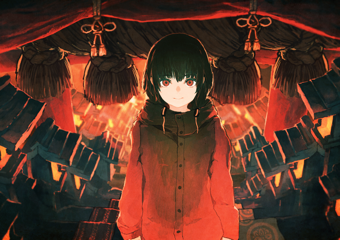 Anime girl with red eyes in a red jacket