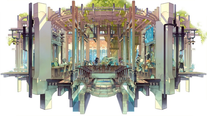 Anime characters in a multi-level cafe with plants