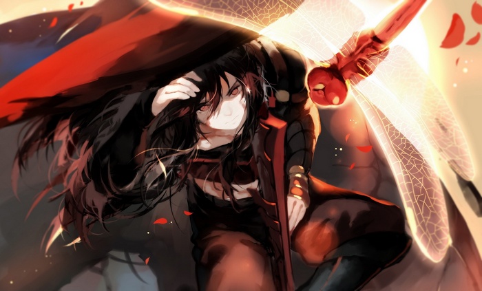 Anime girl with black hair and red eyes