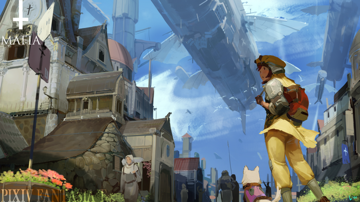 Pixiv Fantasia T: Airships over a Medieval Town