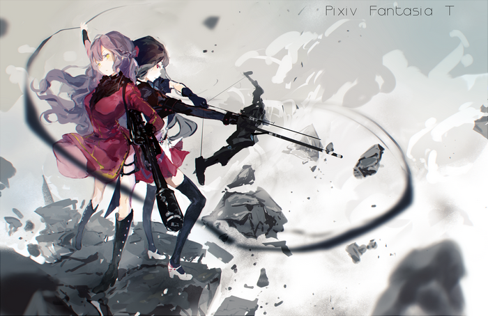 Anime girls with bow and rifle in Pixiv Fantasia T