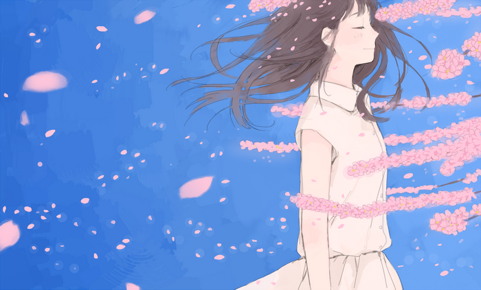 Anime girl in white dress with cherry blossoms