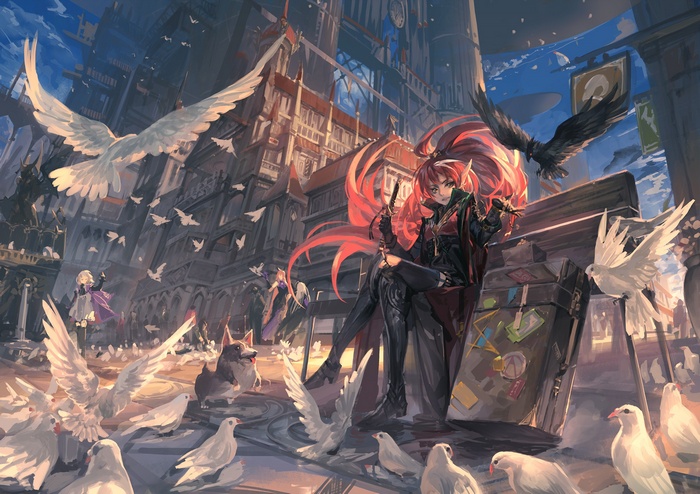 Anime girl with red hair sitting on a bench with pigeons