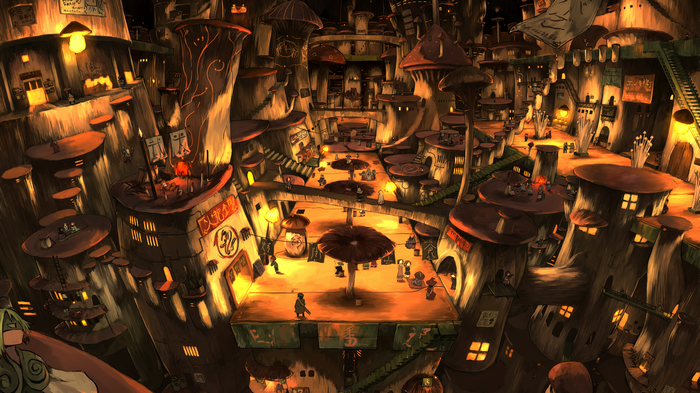 Anime village with mushroom-like buildings and glowing lights