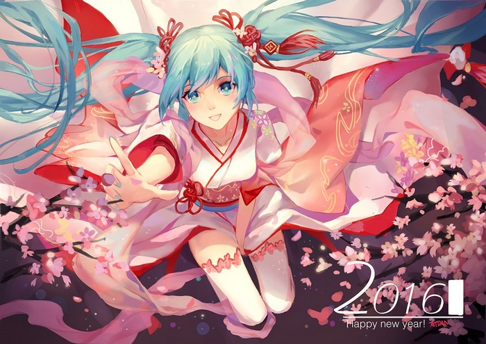kimono, flower in hair, twintails, thigh-highs, Vocaloid, ribbon, traditional clothing, flower petals, long hair, Hatsune Miku, anime girls, floating, cherry trees, anime