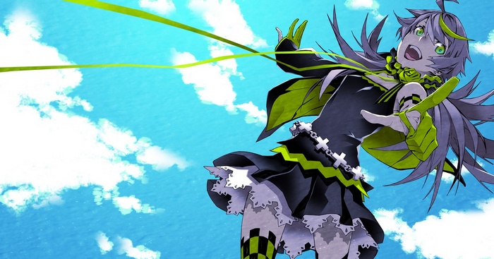 Anime girl with green accents in the sky