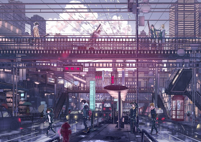 Anime city street with people on a bridge and road