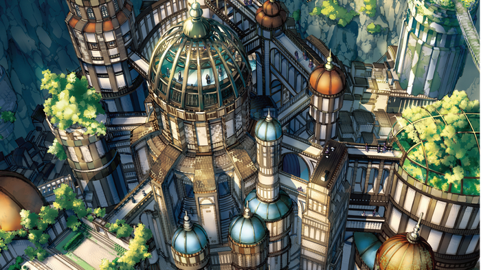 Fantasy anime city with grand architecture and greenery
