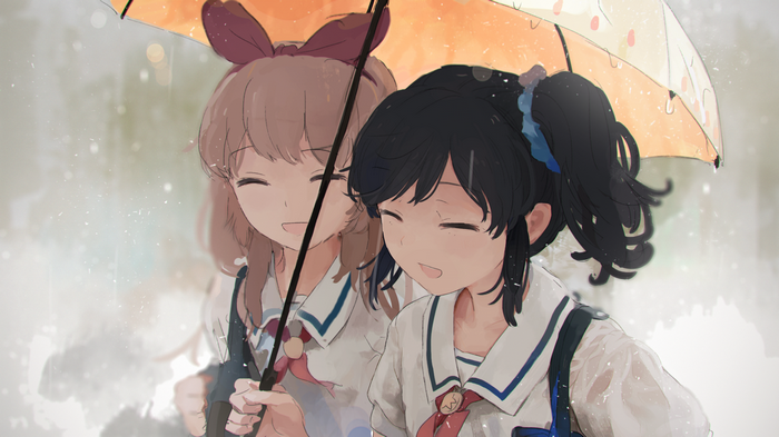 Two anime girls sharing an umbrella in the rain
