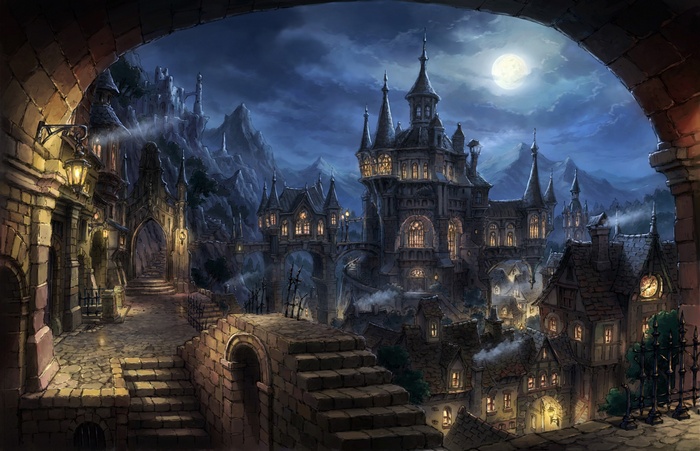clouds, stones, mountains, sky, castle, anime, city, Moon, summer, Gothic, night, haze
