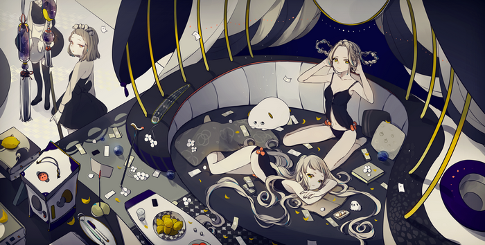 Anime girls in lingerie in a messy room