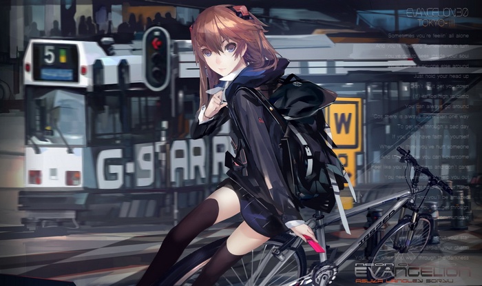 Asuka Langley Soryu on a bicycle in Tokyo