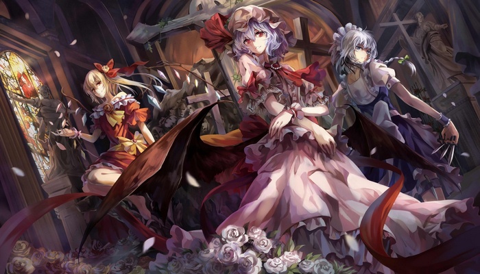 Touhou: Remilia, Flandre, and Sakuya in a Church