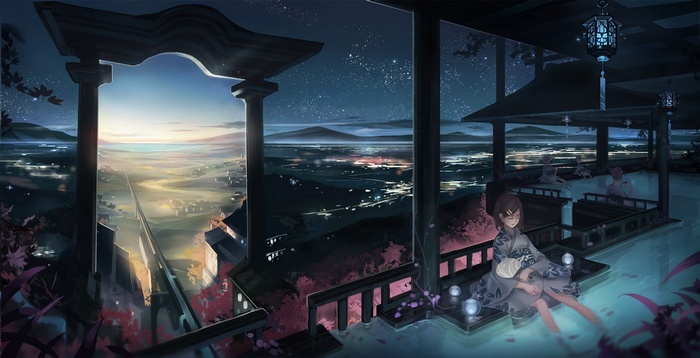 Anime girls in yukatas relaxing in a hot spring at night