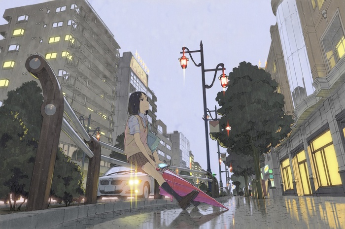 Anime girl sitting on a bench in the rain