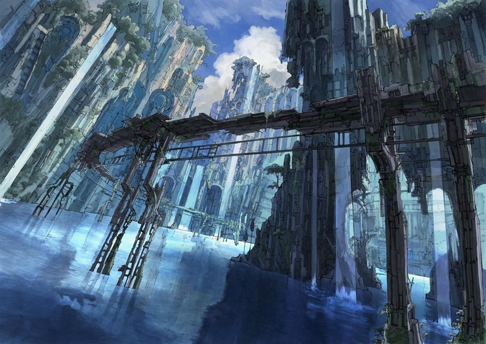 Anime city with bridges over water