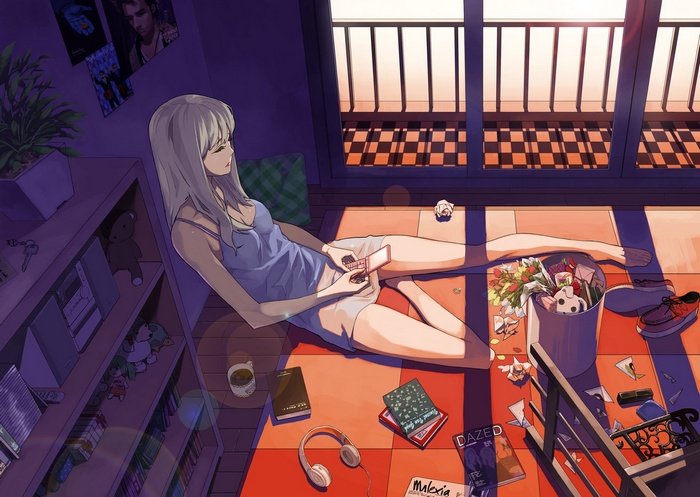 Anime girl sitting on the floor with a phone