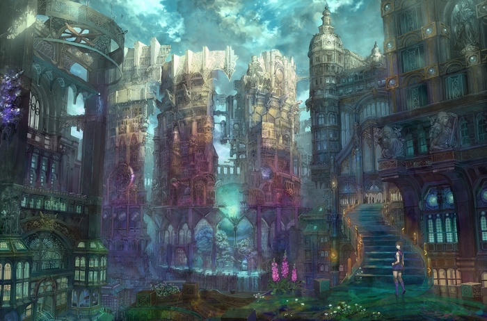 Anime city with ornate architecture and a lone figure