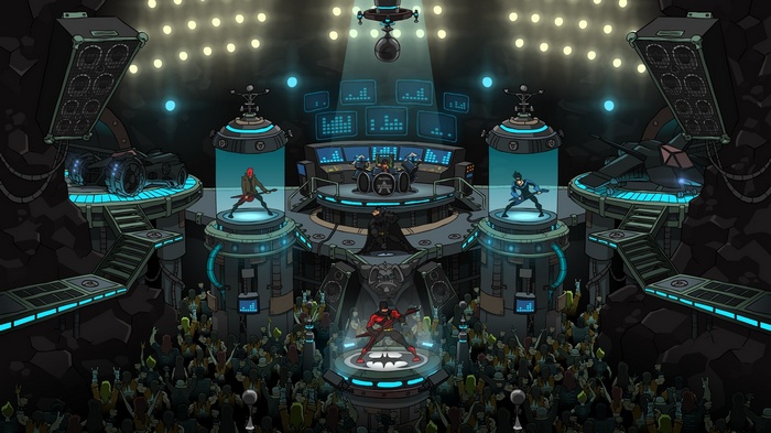 Batman and his allies perform on stage in the Batcave