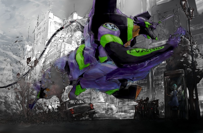 EVA Unit 01 in a destroyed city
