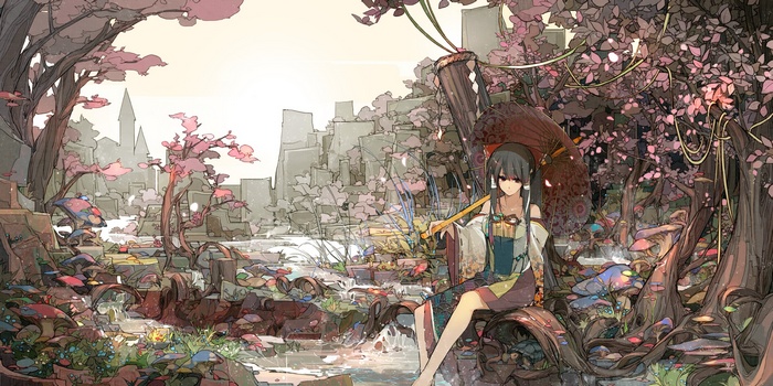 Anime girl with umbrella in a surreal forest