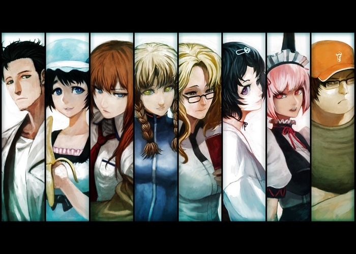 Steins;Gate characters Makise Kurisu, Okabe Rintarou, and Shiina Mayuri
