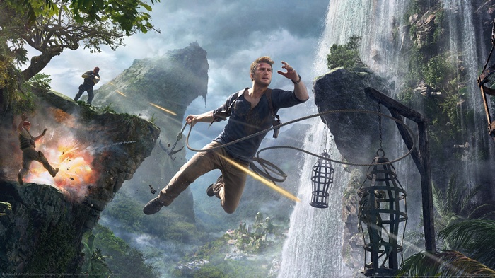 Nathan Drake swings across a jungle chasm in Uncharted 4
