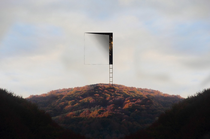 A surreal portal opens above a forest hill