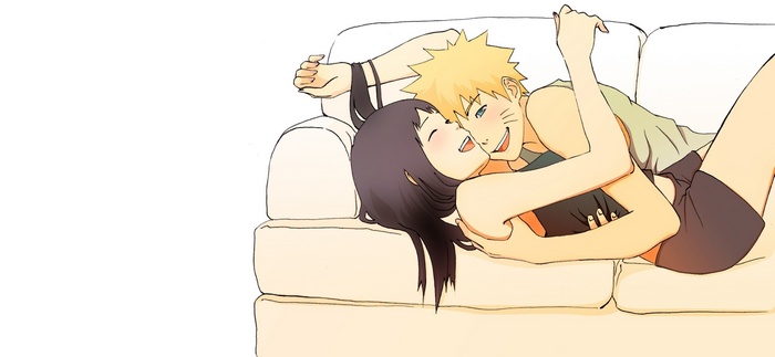Naruto and Hinata cuddling on a couch