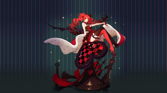 king, crown, anime girls, lingerie, orange eyes, heart, pawns, Red Queen, mantle, anime, chess, Queen , redhead
