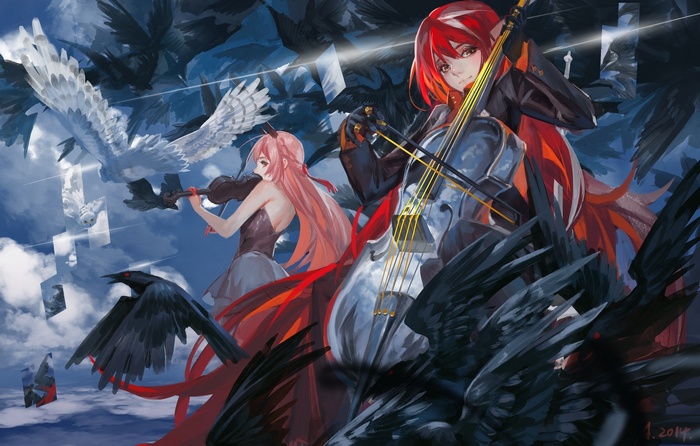 Anime girls playing violin and cello with birds