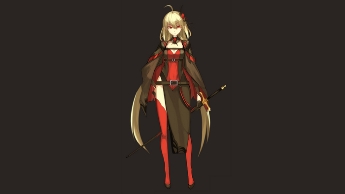 Anime girl with blonde hair and red eyes holding a sword