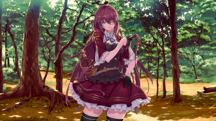 Anime girl with blue eyes and rapier in forest