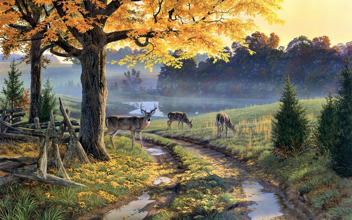 Deer grazing on a path in an autumn forest painting