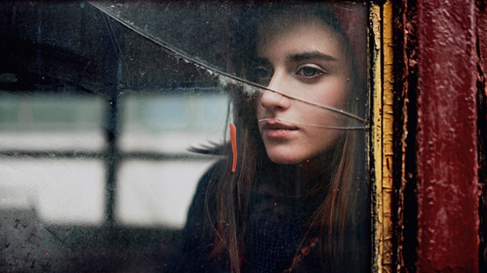 model, broken glass, alone, brunette, window, portrait, dirt, Georgy Chernyadyev, long hair, women, splats, sad, looking away, face, wall