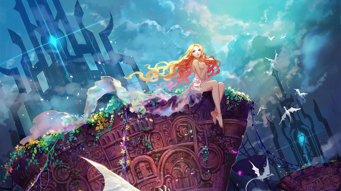 Anime girl with blonde hair and dragons in the sky