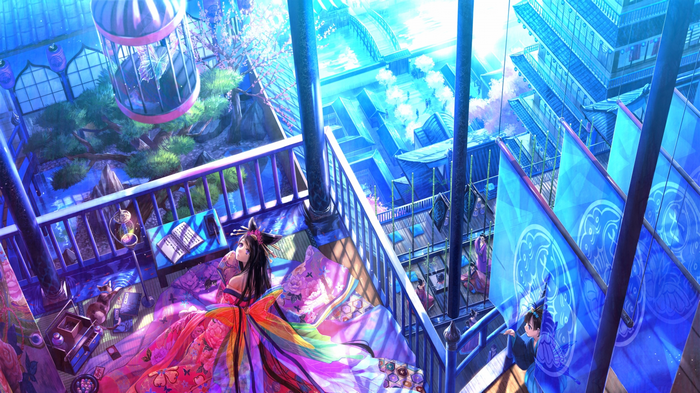Anime girls in Japanese clothes in a palace with Sakura Sakura