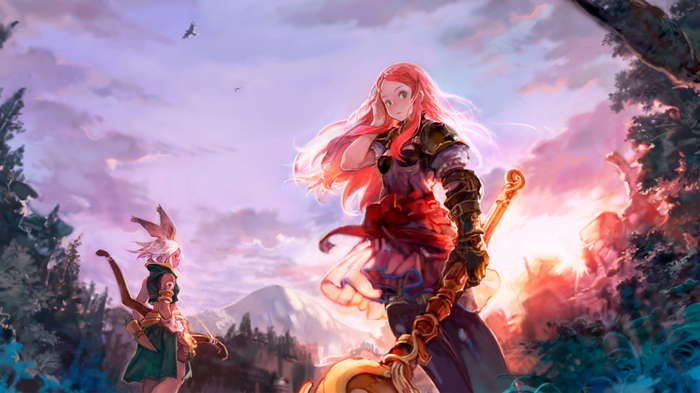 Anime girls with pink hair and bunny ears in a forest at sunset