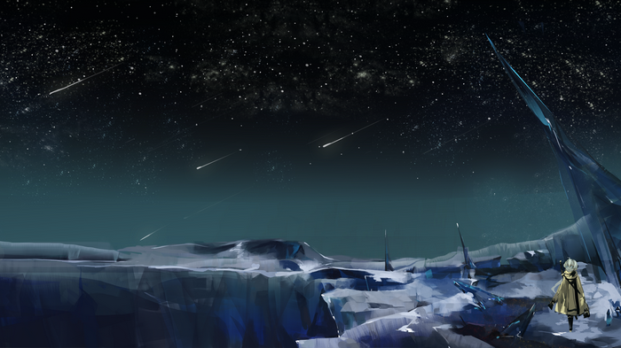Anime girl in a snowy landscape under a starry sky