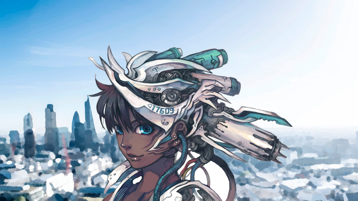 Anime girl with cyborg helmet in cyberpunk city