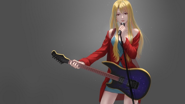 Anime girl with blonde hair playing electric guitar and singing