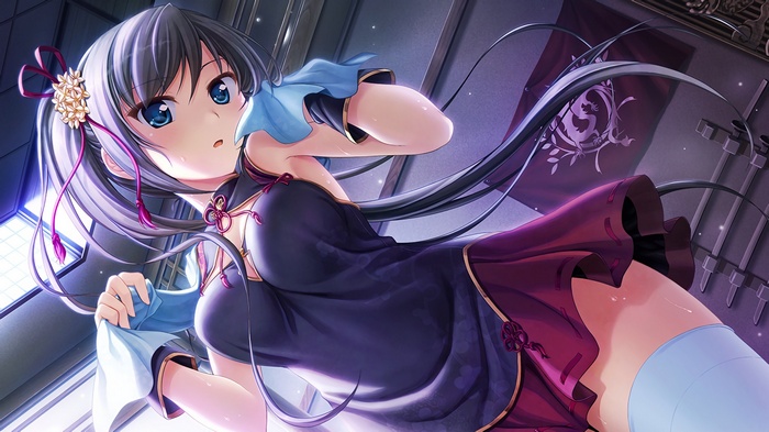 black hair, long hair, blue eyes, anime, miniskirt, zettai ryouiki, thigh-highs, scarf, anime girls