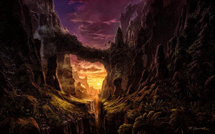 Fantasy art of a dramatic mountain landscape at sunset