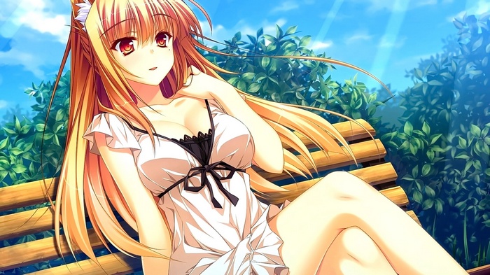 Anime girl with blonde hair and red eyes sitting on a bench