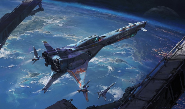 Spaceship in orbit above Earth with space station