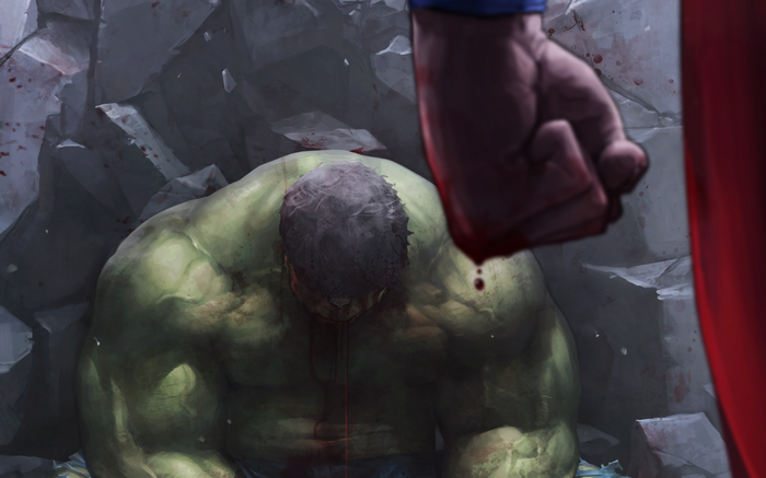 Superman's fist over a defeated Hulk