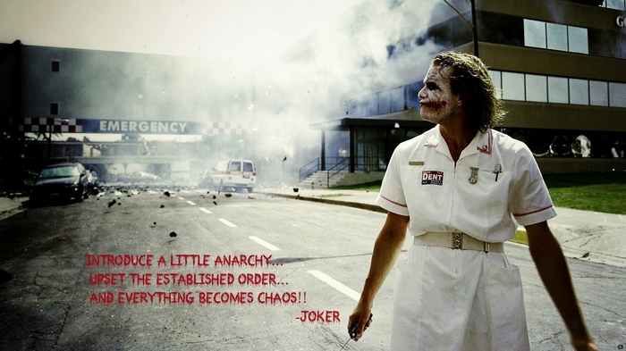 Joker in a nurse outfit at a destroyed hospital
