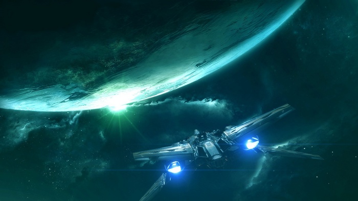 Spaceship flying near a planet in space