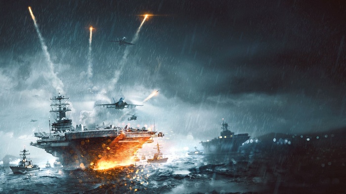 Battlefield 4 aircraft carrier and jets in a storm